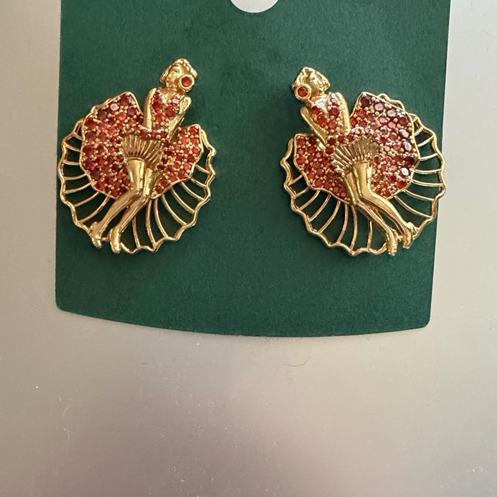Gold Marilyn Monroe Stud Earrings with Red Crystal Accents